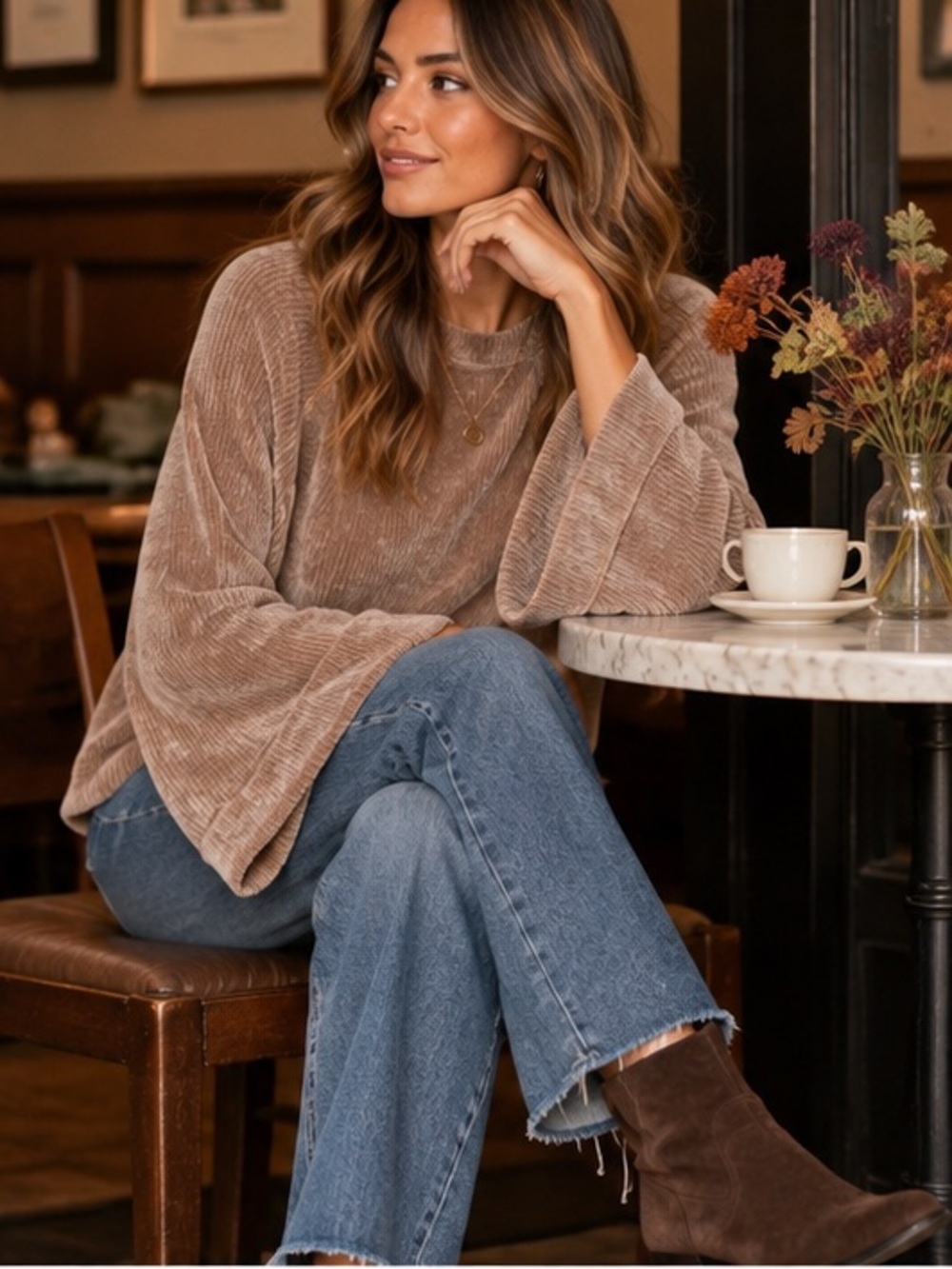 Anthropologie Amadi Ribbed Chenille Bell Sleeve Sweater Neutral Size M NWT